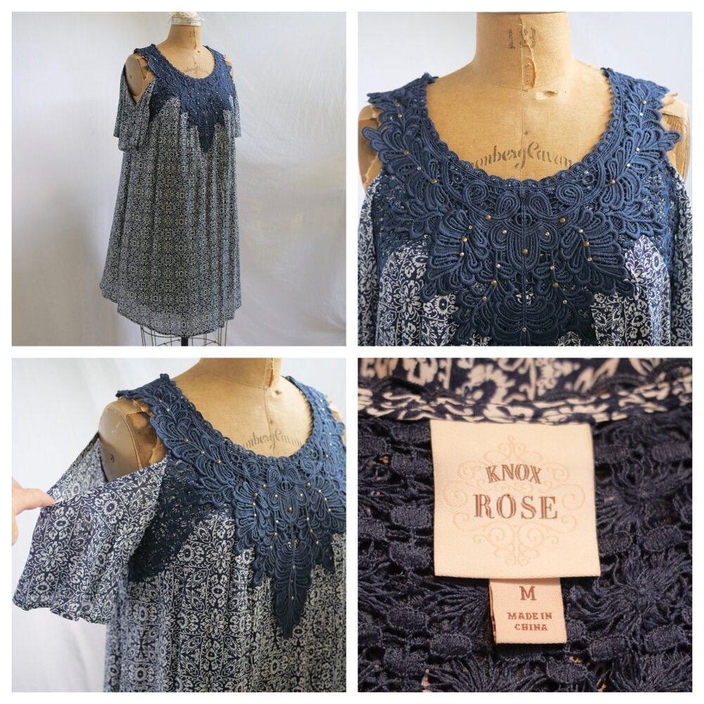 KNOX ROSE Rayon Blue Floral Cold Shoulder Dress Lace Studs Festival Boho M EUC